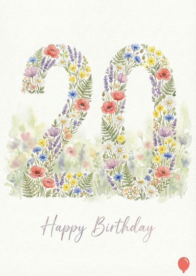 Floral « 20 » composed of colorful wildflowers. The number sits above « Happy Birthday », on a soft white surface. A red balloon is on the bottom-right.
