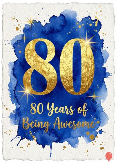 Watercolor style graphic. Royal blue wash with gold foil 《80》. Script reads 《80 Years of Being Awesome》. Gold splatter and star accents on white paper.