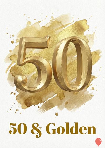 Golden numeral « 50 » overlaid on a gold watercolor wash, with smaller gold « 50 & Golden » below. White soft-grained surface. A small red balloon is at the bottom.