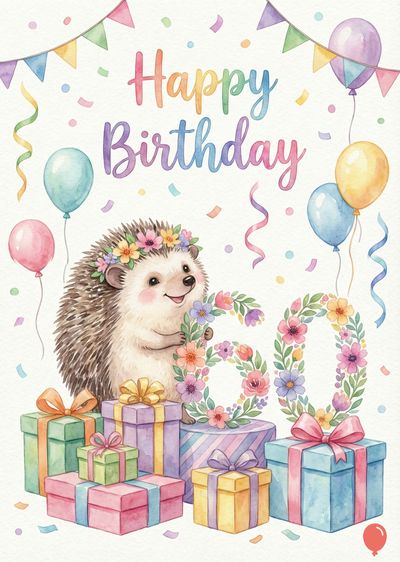Watercolor style birthday card. A hedgehog holds a floral « 60 ». « Happy Birthday » above. Colorful balloons, confetti, streamers, bunting, and wrapped gifts.