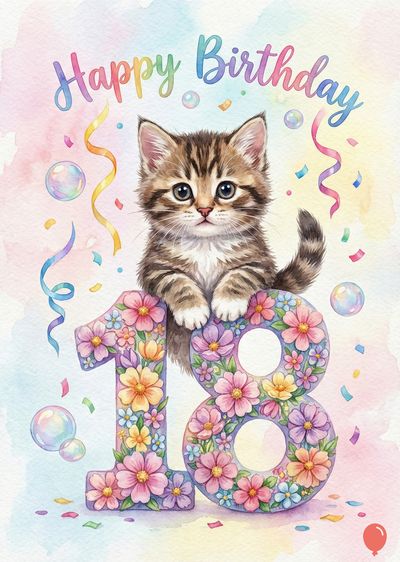 Watercolor-style greeting for an 18th birthday. A tabby kitten sits atop the numeral «18» decorated with blooms. «Happy Birthday» is written above in colorful script. Bubbles and streamers.