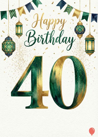 An artistic design; a congratulatory card with a watercolor effect. Features «Happy Birthday» in gold and emerald script, and the numbers «40» in gold and emerald. Gold confetti, strung pennants and hanging lanterns decorate the top.
