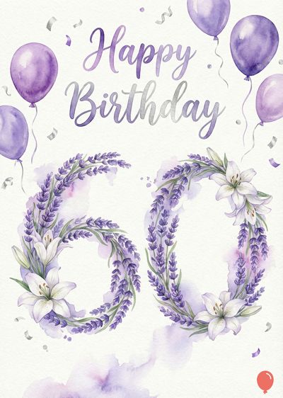 Watercolor-style greeting card. Purple balloons and silver confetti surround «Happy Birthday». «60» composed of lavender and lilies. White watercolor areas.