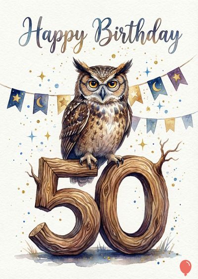 An owl perched atop the "50" rendered in wood, with a banner of flags, stars, and moons. The greeting says «Happy Birthday» in blue script. Watercolor style.