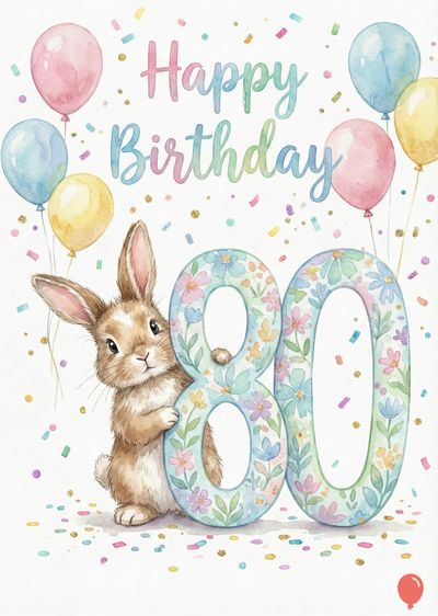 Watercolor style greeting card. A bunny peeks from behind a floral « 80 ». Above, multicolored balloons and confetti. The top reads « Happy Birthday ».