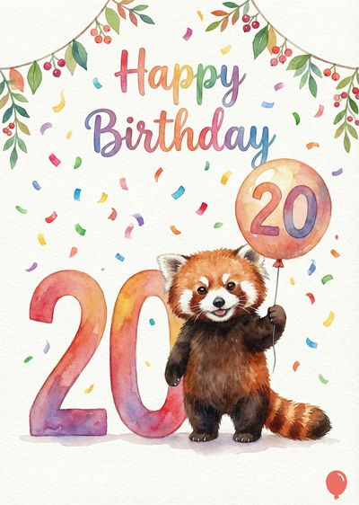 Watercolor style birthday card with a red panda holding a balloon with « 20 » on it. Contains « Happy Birthday » and confetti. Number « 20 » on the left.