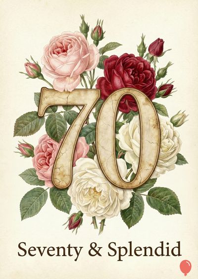 An arrangement of roses, in shades of pink, white, and burgundy, surrounds the number «70». Underneath, the phrase «Seventy & Splendid» is visible.