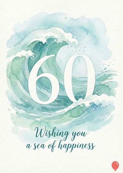 Watercolor-style composition of ocean waves with the number «60» in white. Below read «Wishing you a sea of happiness». White with blue and green hues. Red balloon.