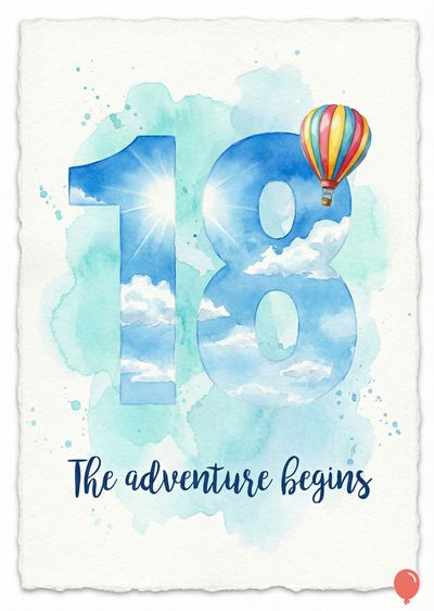 Watercolor-style depiction of the number «18» filled with a sky and clouds detail, with a colorful hot air balloon. Blue and teal watercolor splotches are layered behind the numbers. The phrase «The adventure begins» appears below.