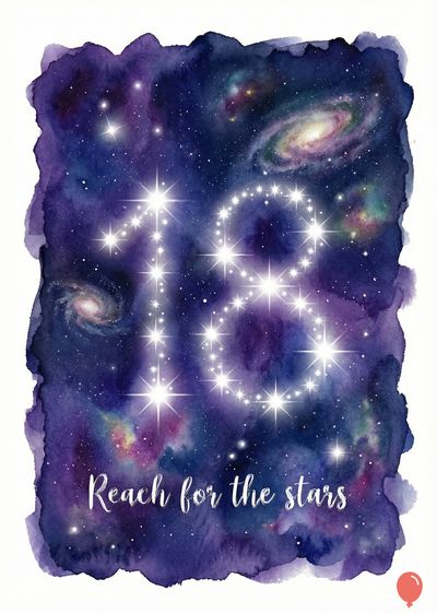 Watercolor-style galaxies with blue, purple, and pink colors. The number «18» is outlined with bright stars. The phrase «Reach for the stars» appears below.