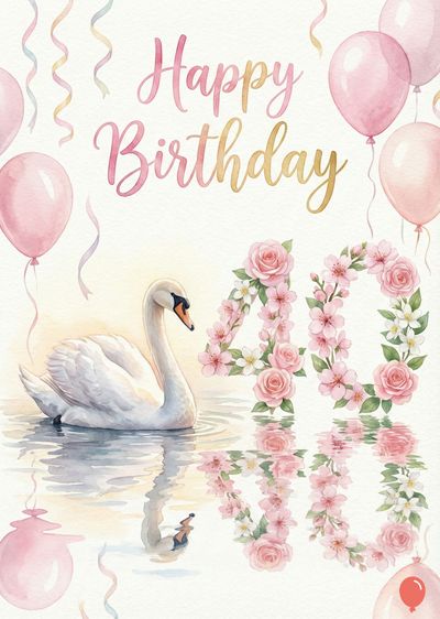 Watercolor style greeting with a swan, balloons, floral «40», and «Happy Birthday». The swan is in water, with its reflection visible. Balloons and ribbons.