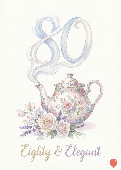 Watercolor styled composition with a teapot, flowers, and the number «80». Teapot has floral details and steam forming the number. Below, «Eight & Elegant». A red balloon.