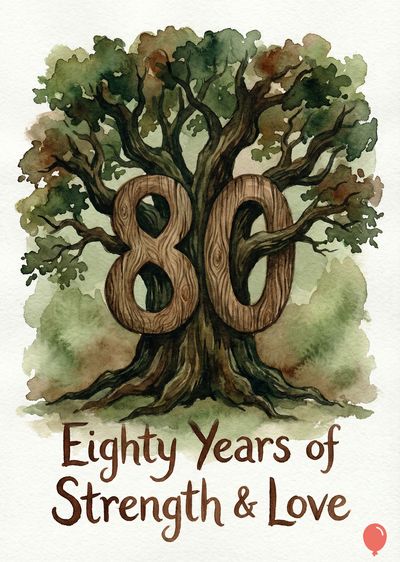 Watercolor style, an oak tree comprised of the number «80». Brown trunk and numbers, greenery and brown leaves, with « Eighty Years of Strength & Love » below.