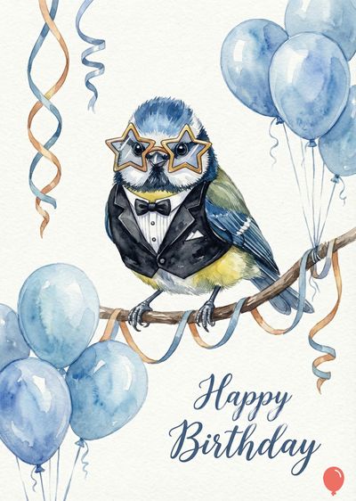 A watercolor style creation of a bird wearing star-shaped glasses and a tuxedo. It perches on a branch with blue balloons and ribbons; beneath the bird, « Happy Birthday ».