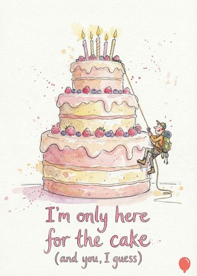 Three-tiered cake with strawberries and blueberries. A climber ascends the cake. Candles on top. Watercolor style. The inscription «I'm only here for the cake».