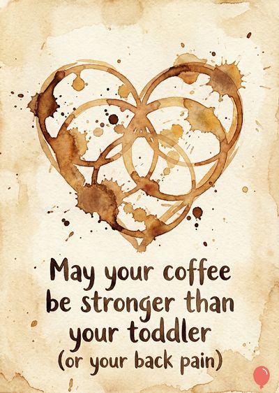 Heart composed of brown coffee stains on a beige surface with splatters. The message says: «May your coffee be stronger than your toddler (or your back pain)».