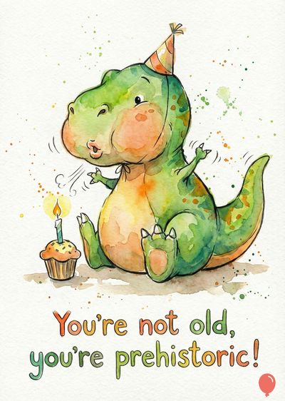 Watercolor style of a green dinosaur with a party hat blowing out a cupcake candle. The dinosaur is blowing and smiling. Below « You’re not old, you’re prehistoric! » is written.