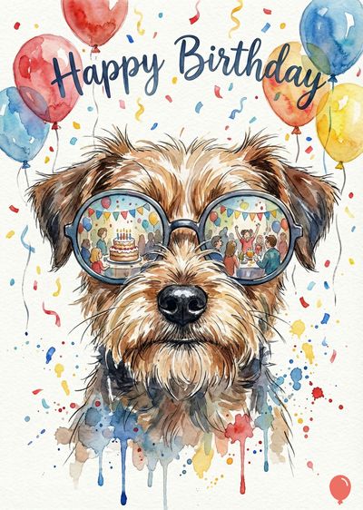 Watercolor depiction of a dog wearing glasses with birthday party reflection. Above, three balloons and streamers float. The greeting «Happy Birthday» arches. Watercolor splatters.