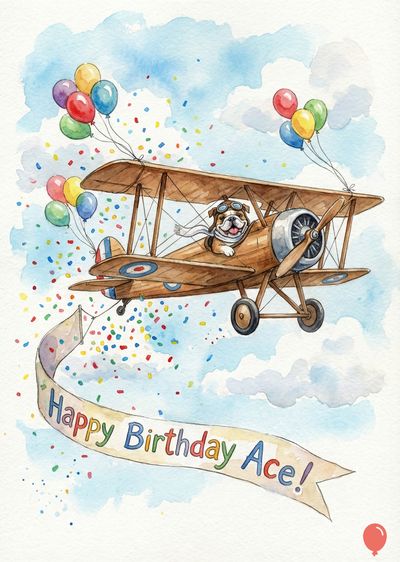 Watercolor of a biplane with a bulldog pilot. The plane is brown with balloons tied to it. A banner reads «Happy Birthday Ace!». Confetti is falling. Sky is blue with clouds.