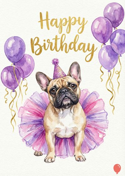 Watercolor style composition. A tan French bulldog wears a tutu and party hat. Gold script above reads «Happy Birthday». Purple balloons with gold ribbons.