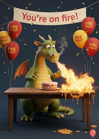 A green dragon blows fire from its mouth onto a wooden table with a cake. Balloons with « FIRE PROOF » and a banner « You're on fire! » are in the bluish space.