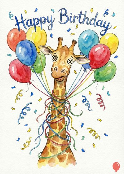 Watercolor of a giraffe with balloons and streamers. «Happy Birthday» is written in blue above. Giraffe has eye spirals and the balloons are red, blue, green, and yellow.
