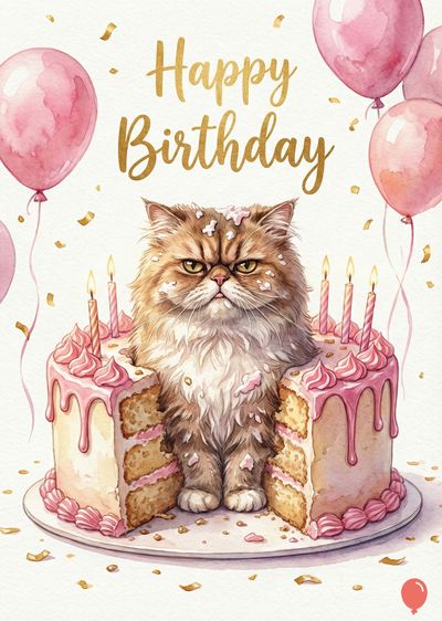 Watercolor style. Grumpy cat seated in frosted cake with candles. Gold « Happy Birthday » aloft, pink balloons, gold confetti pieces, and white round plate.