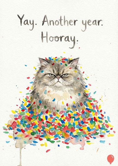 Watercolor painting of a grumpy gray cat covered with confetti. Above, handwritten «Yay. Another year. Hooray.» Confetti in red, blue, green, and yellow hues.