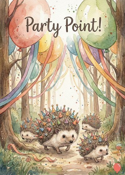 Watercolor composition of a party scene. Hedgehogs wearing party hats are in a woodland setting. Hanging above are balloons and streamers. The title is «Party Point!».