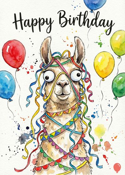 Watercolor-style card featuring a llama with ribbons, balloons, and «Happy Birthday» above.  Balloons are red, blue, green, and yellow. Ribbons have bright colors.  Splatter effect.