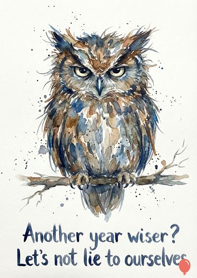 Watercolor style of an owl perched on a branch. The owl has brown and blue plumage, with pointed ears and a stern gaze. Beneath it is written «Another year wiser? Let's not lie to ourselves.»