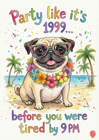 A watercolor-style cartoon of a pug wearing sunglasses and a lei, on a beach with palm trees.  Rainbow-colored confetti and the slogan «Party like it's 1999… before you were tired by 9 PM».