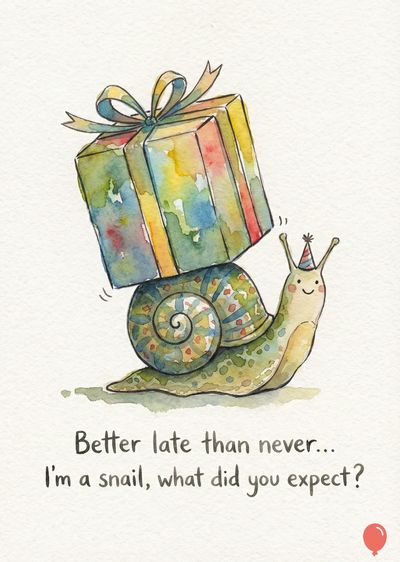 Watercolor depiction of a snail, carrying a large wrapped gift. The shell is patterned; a party hat is on its head. Script reads «Better late than never… I'm a snail, what did you expect?».