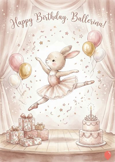 A cartoon-style of a bunny ballerina celebrating a birthday. The bunny wearing a tutu is leaping mid-air. Balloons, presents, and a cake are featured, with the phrase «Happy Birthday, Ballerina!»