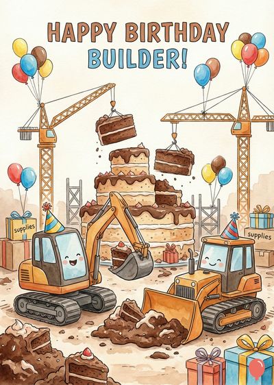 Watercolor-style birthday card. Two construction vehicles with smiles assemble a cake with chocolate frosting. Cranes lift cake slices. Balloons and presents surround the cake; «HAPPY BIRTHDAY BUILDER!» is at the top.