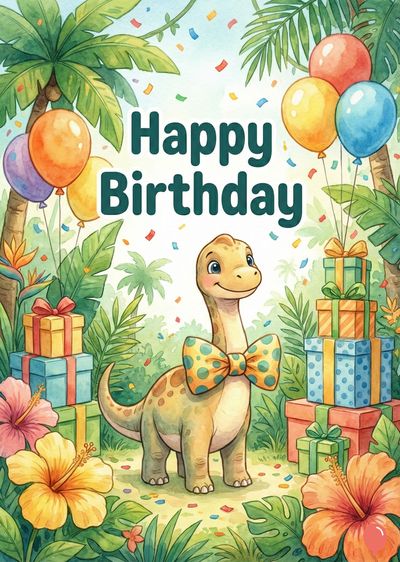 Watercolor style, birthday card. A friendly dinosaur with bow tie stands near presents and flowers, « Happy Birthday » in green letters, balloons and confetti.