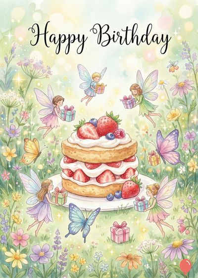 Watercolor style birthday card with cake, fairies, and butterflies. Cake has strawberries, blueberries. Fairies hold gifts and fly. Butterflies in a garden, flowers around it, and the words «Happy Birthday» at the top.