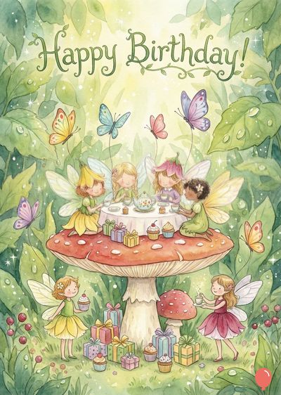 Watercolor style greeting featuring fairies. Fairies sit around a mushroom table with gifts and cupcakes. Butterflies and foliage surround the scene. Above, it reads «Happy Birthday!».
