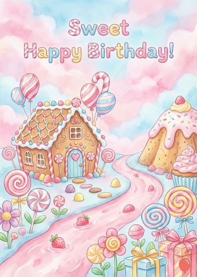A sweet-themed watercolor composition. A gingerbread house, cupcake, and candy mountain are present. Bright pink and blue watercolor sky. The phrase «Sweet Happy Birthday!» tops it.