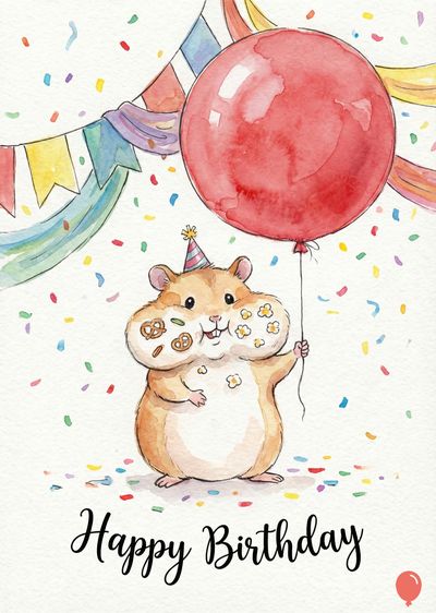Watercolor rendering of a hamster with a birthday hat holding a red balloon. Contains « Happy Birthday » and confetti. Banners in various colors are at the top.