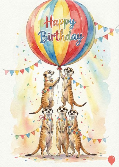 Watercolor of meerkats celebrating a birthday. A striped balloon with «Happy Birthday» floats above six meerkats. Two hold the balloon, others wear garlands.