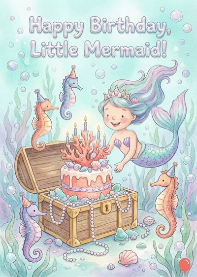A birthday card with «Happy Birthday, Little Mermaid!» in bubble letters. A mermaid and seahorses surround a cake with coral, pearls, and a treasure chest, all in watercolor style.