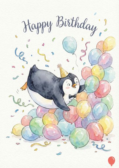 Watercolor-style card featuring a penguin in a party hat and bowtie tumbling into a pile of colorful balloons. The phrase «Happy Birthday» is above. Confetti and streamers float.