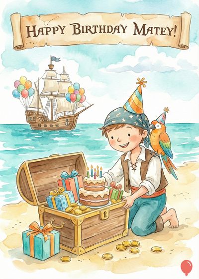Watercolor-style scene: Pirate birthday.  A boy kneels by an open treasure chest with gifts and a cake. A parrot sits on his shoulder.  A ship floats in the sea with balloons.  Banner says «Happy Birthday Matey!».