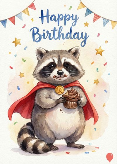 A watercolor-style greeting card featuring a raccoon wearing a red cape, holding a cupcake and a gold medallion with the letter «R». Above is «Happy Birthday» in blue. Confetti and bunting adorn.