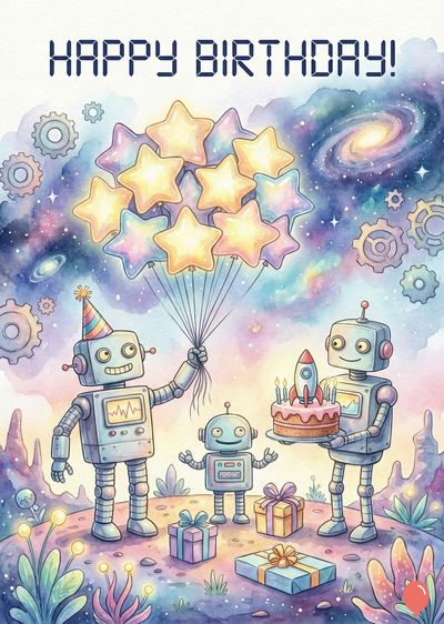 Watercolor-style birthday greeting. Robots celebrate with gifts, star-shaped balloons, and a cake with a rocket. «HAPPY BIRTHDAY!» appears above galactic clouds and gears.