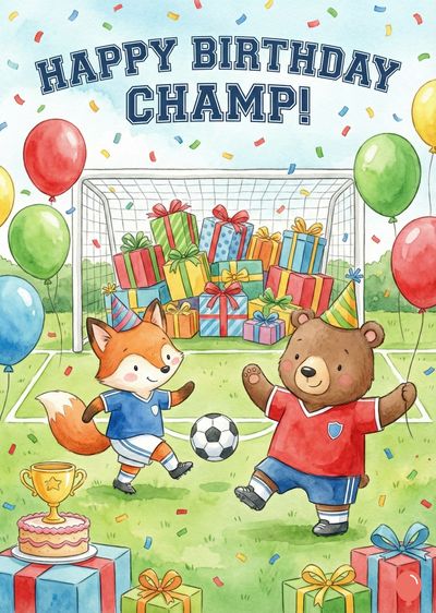 Watercolor style. A fox and bear play soccer on a field with balloons and gifts. Above, «HAPPY BIRTHDAY CHAMP!» is written. A cake and trophy are in the lower left.
