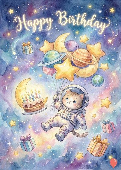 Watercolor style «Happy Birthday» message above a cat in a spacesuit, holding planet balloons. Gift boxes, cake, crescent, and stars float in cosmic colors.