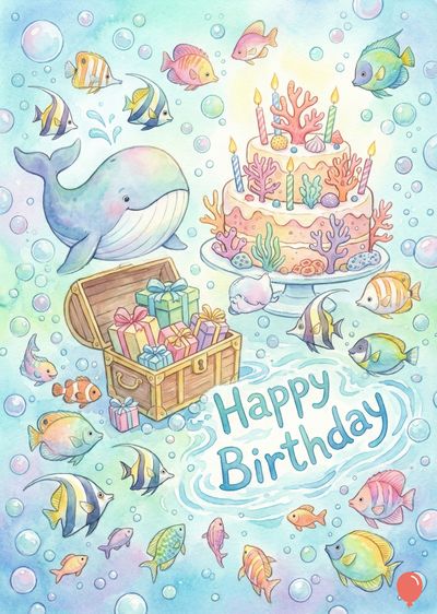 Watercolor-style composition of an ocean-themed birthday scene. Includes a two-tiered cake with candles, whale, treasure chest, fishes and bubble details. The phrase «Happy Birthday» is visible.