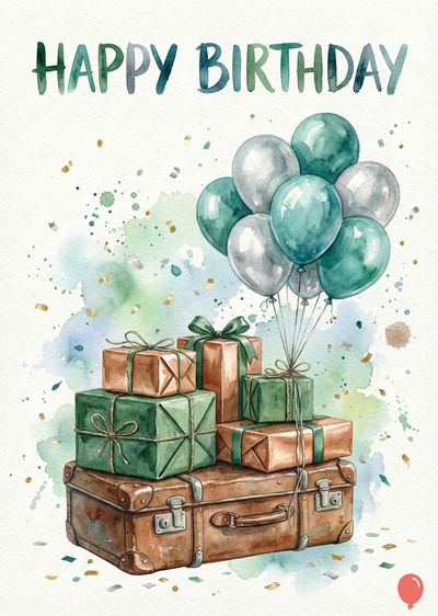 Watercolor styled greeting. Above, «HAPPY BIRTHDAY» in green. Below are gifts in brown and green, atop suitcases. Balloons in teal and silver. Confetti.